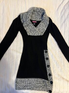 Say What? Black Sweater Dress with Marled Gray Cowl